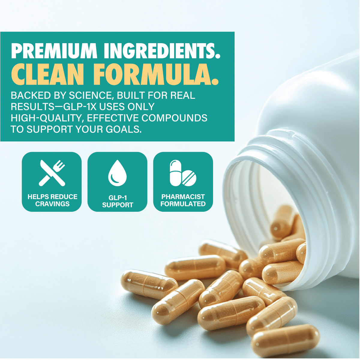 Supplement capsules spilling from bottle with icons for GLP-1 support, cravings reduction, pharmacist formulated.
