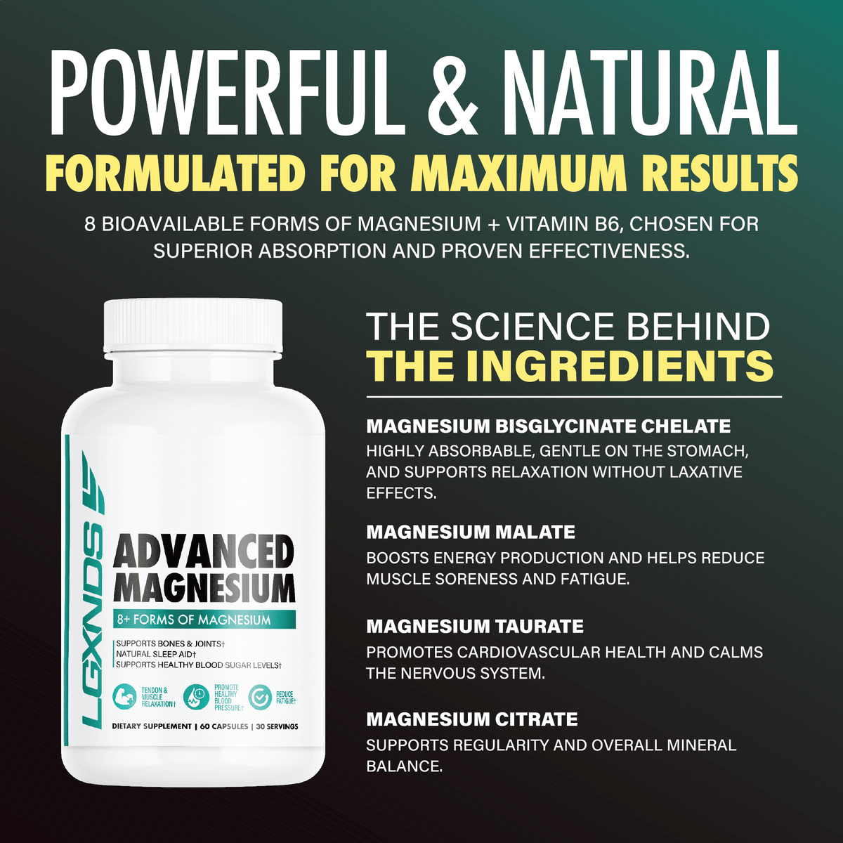 Advanced magnesium supplement bottle highlighting 8 bioavailable forms for energy, recovery, and absorption benefits.