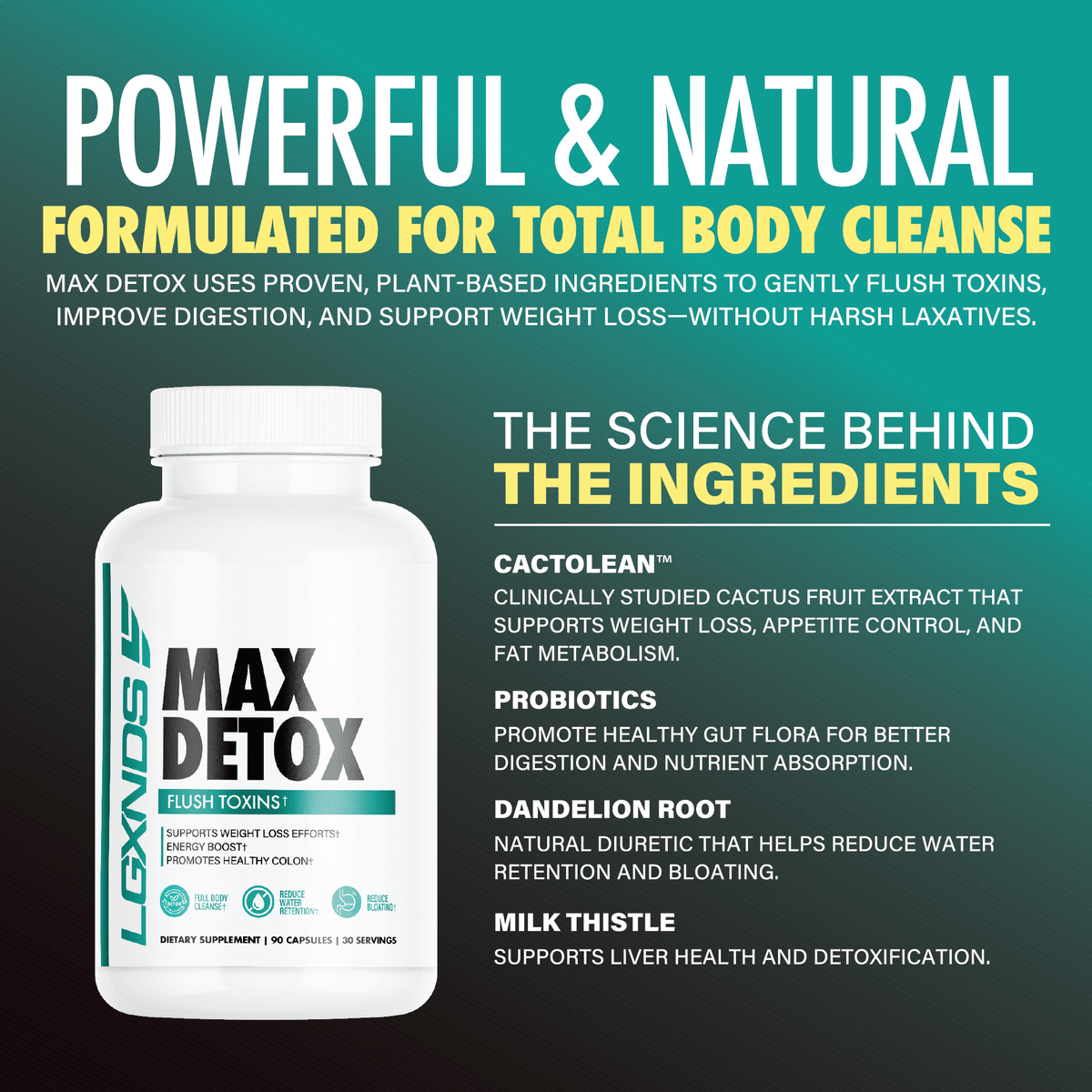 Max Detox supplement bottle with benefits and natural ingredients for body cleanse, digestion, and detox support highlighted.