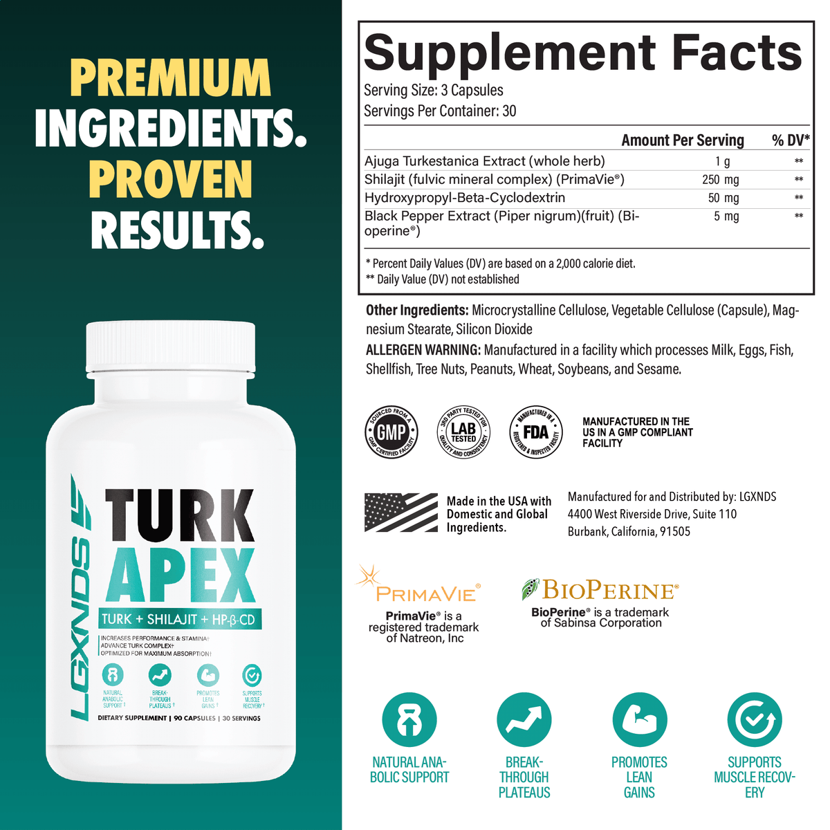 Turk APEX supplement bottle with key benefits, ingredients, and supplement facts for muscle support.