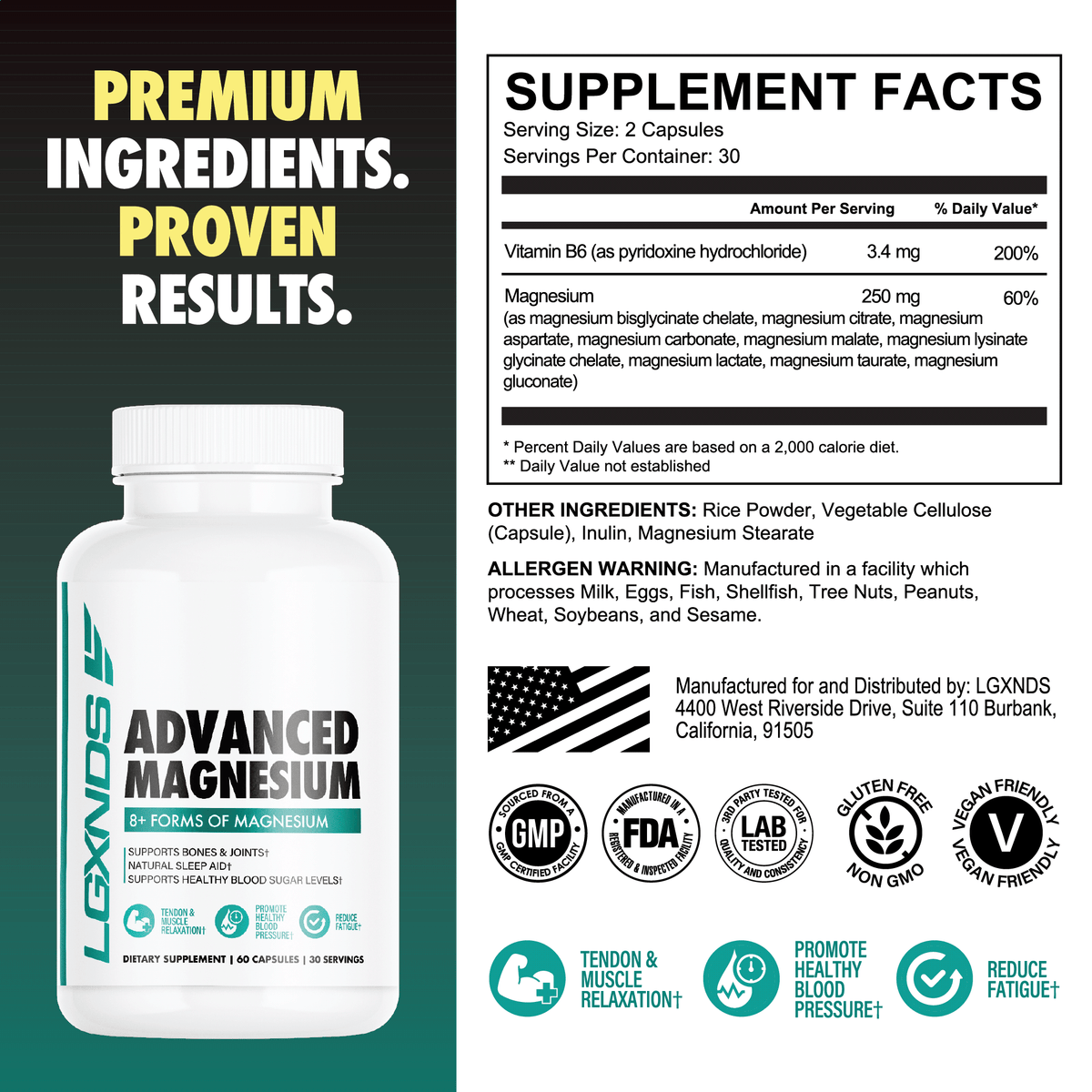 Advanced magnesium supplement bottle with supplement facts, premium ingredients claim, and health benefit icons.