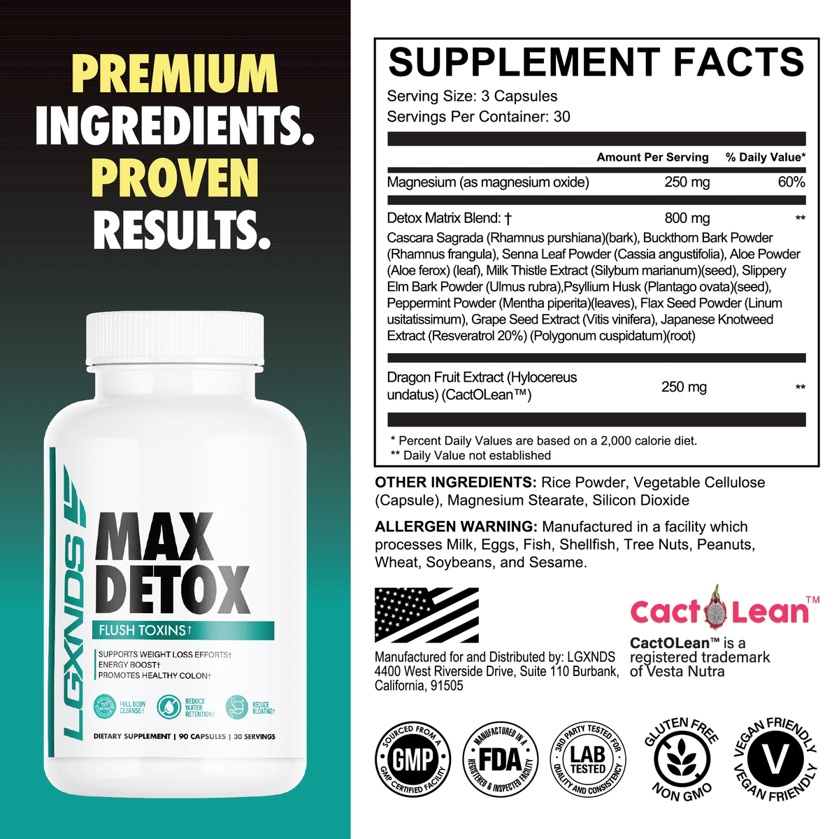 Max Detox supplement bottle with supplement facts, premium ingredients, and benefit icons for detox, energy, and colon health.