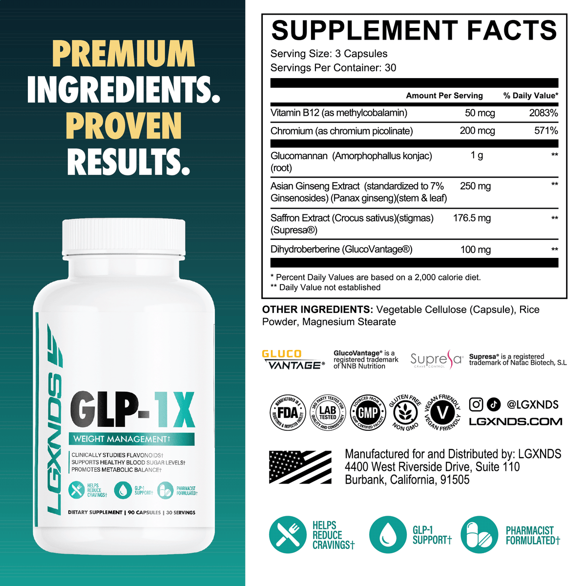 GLP.1X weight management supplement bottle with supplement facts, premium ingredients text, and icons for cravings, GLP-1 support, and pharmacist formulated.