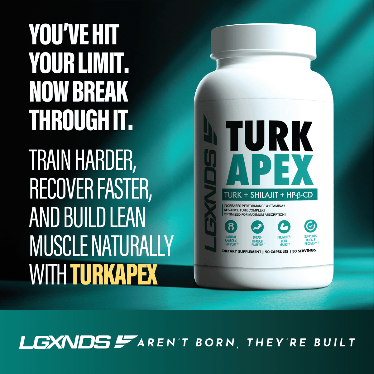 Turk Apex supplement bottle promoting muscle recovery, strength, and performance, with motivational text.