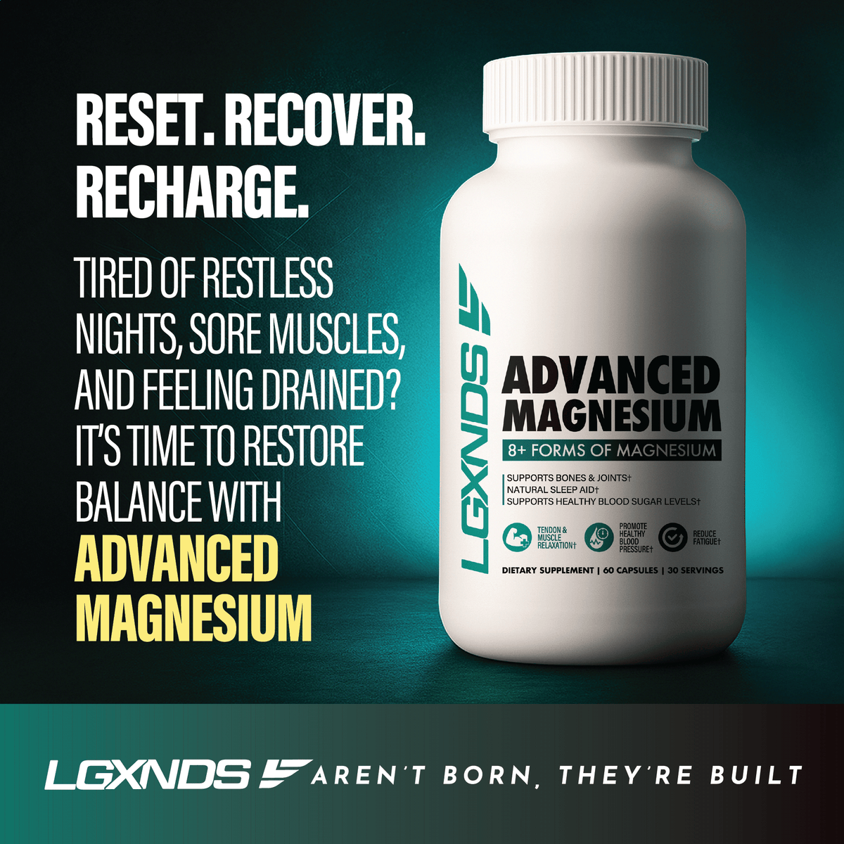 Advanced magnesium supplement bottle promoting muscle recovery, sleep aid, and bone support