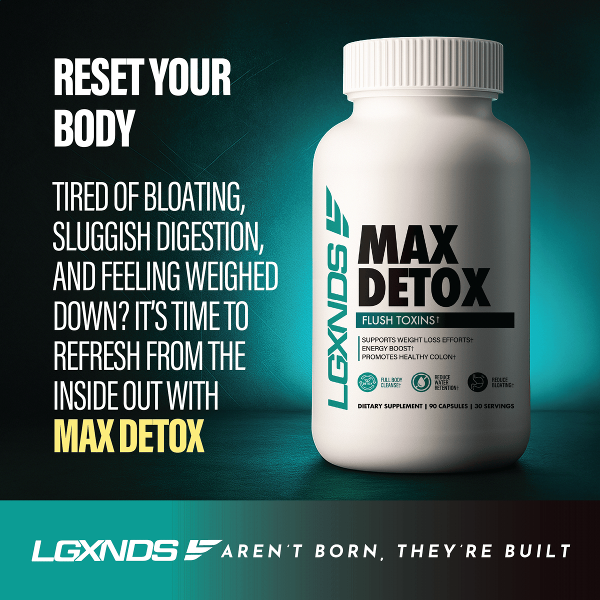 LGXNDS Max Detox supplement bottle for body reset, digestion, and detox support