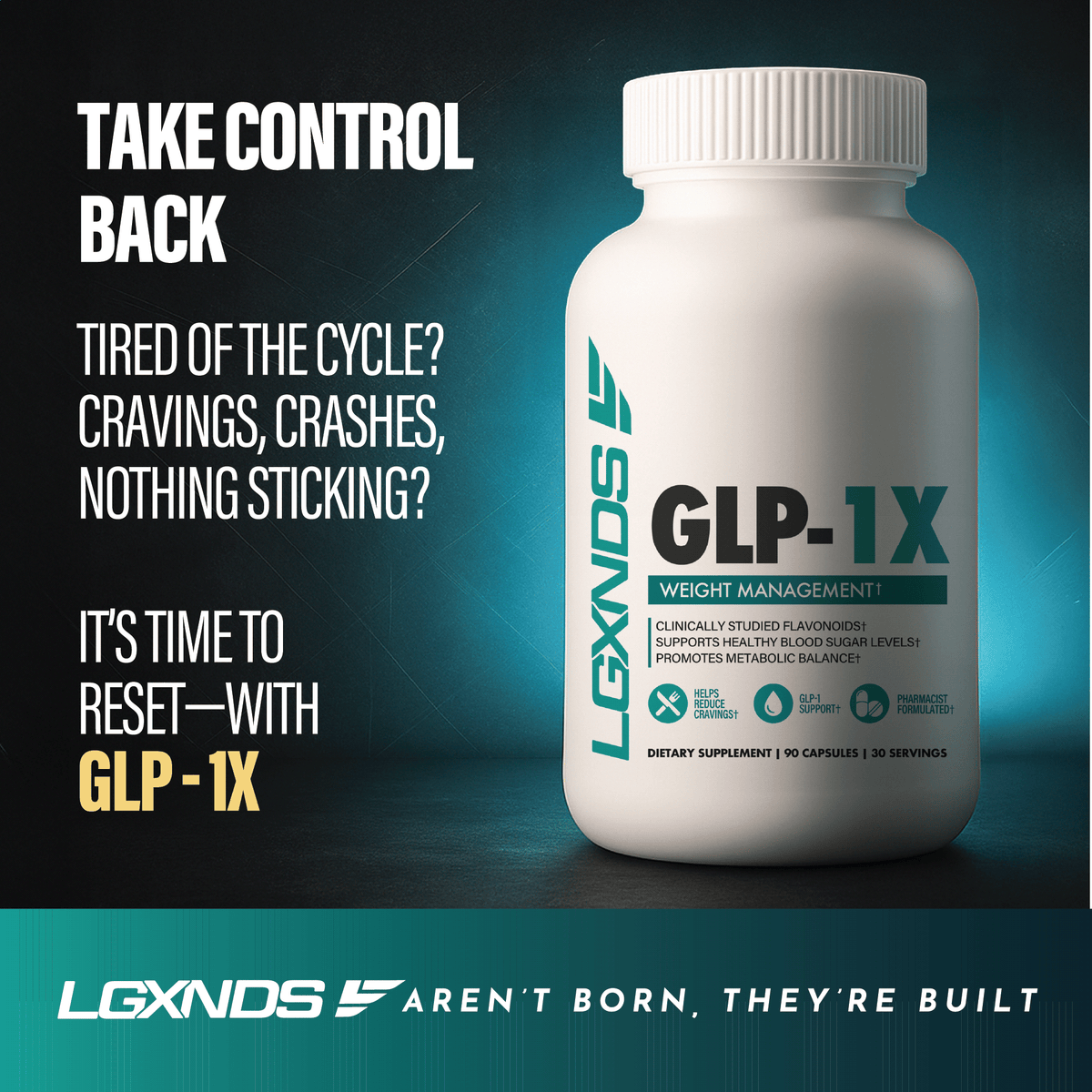 GLP-1X weight management supplement bottle promoting metabolic balance and appetite support.