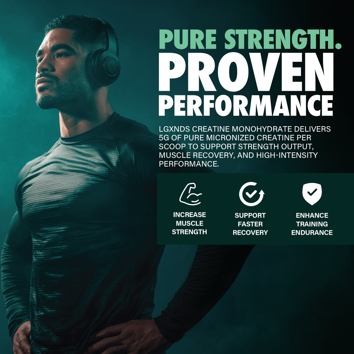 Athlete wearing headphones with text promoting creatine monohydrate for muscle strength, recovery, and endurance.