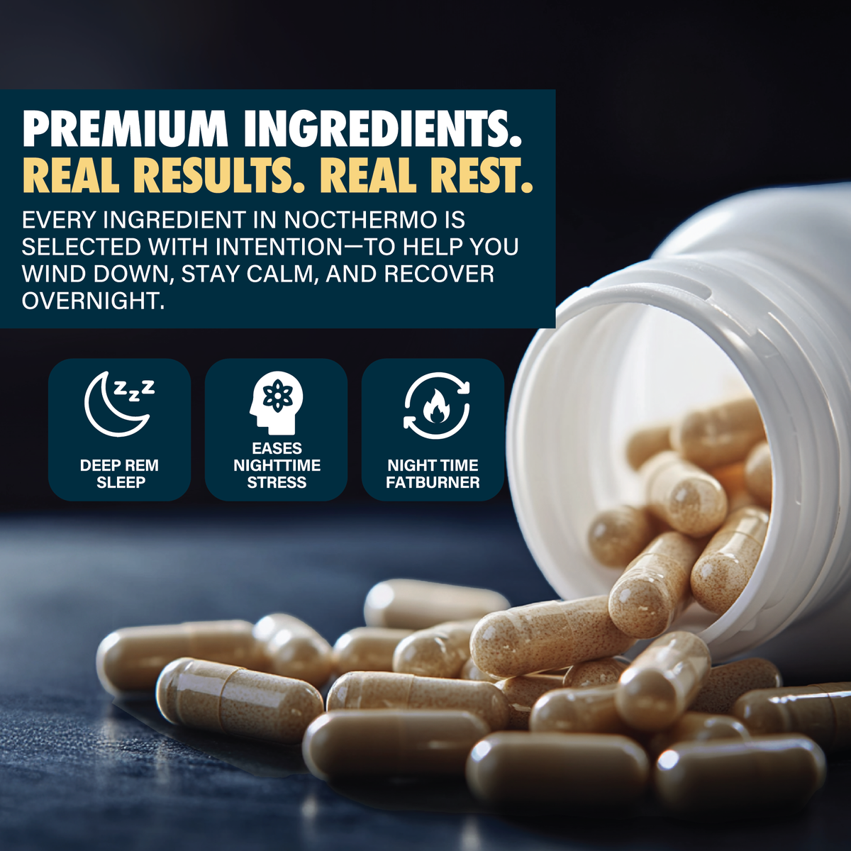 Supplement capsules spilling from bottle with icons for sleep, stress relief, and fat burning benefits.