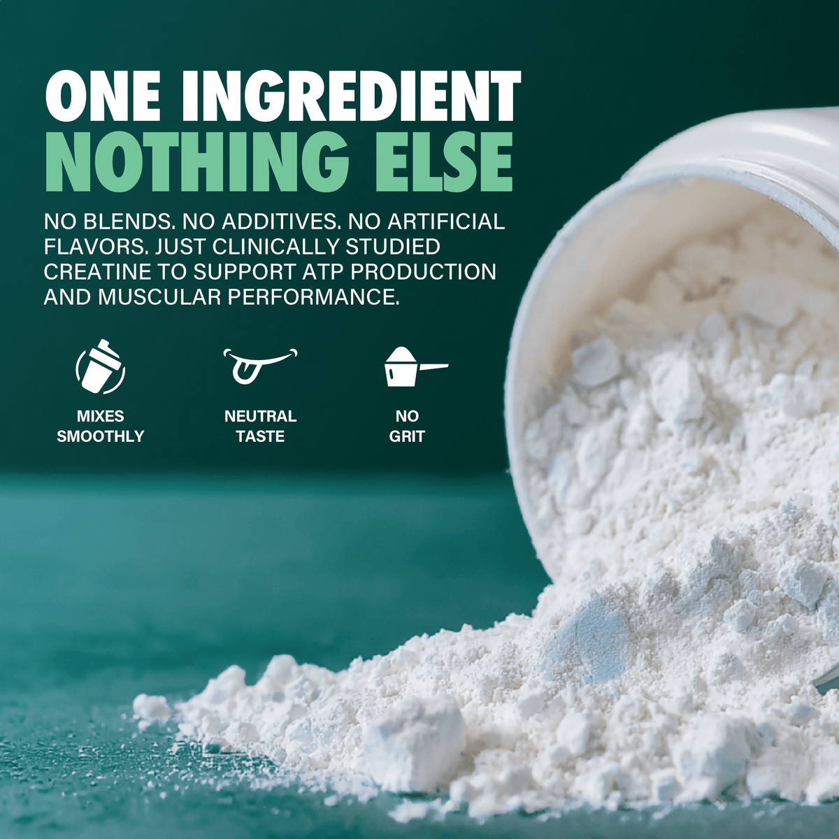 Open supplement container with pure creatine powder, no additives, promotes muscle performance.