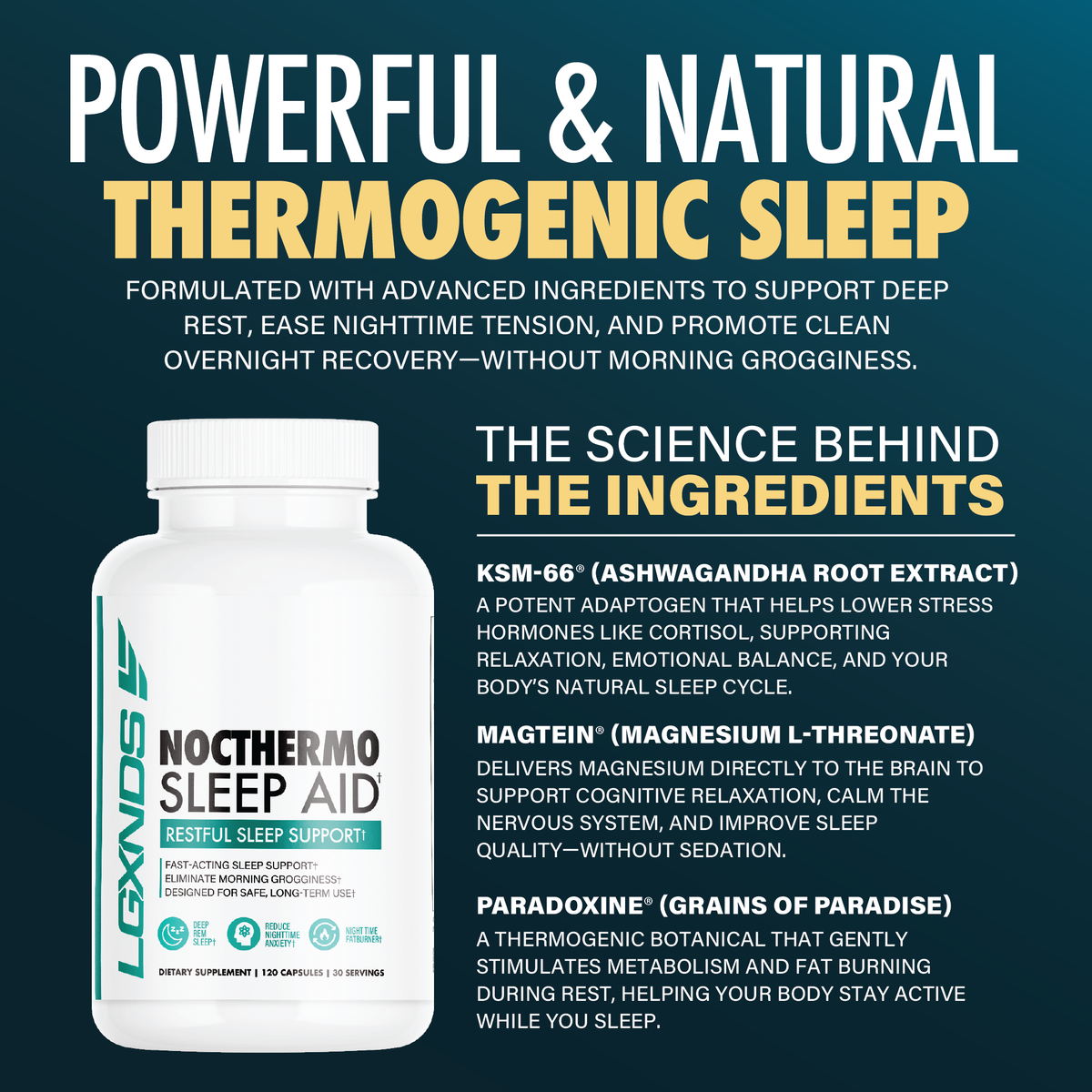 Nocthermo Sleep Aid supplement bottle with ingredients list for thermogenic sleep support, deep rest, and overnight recovery.