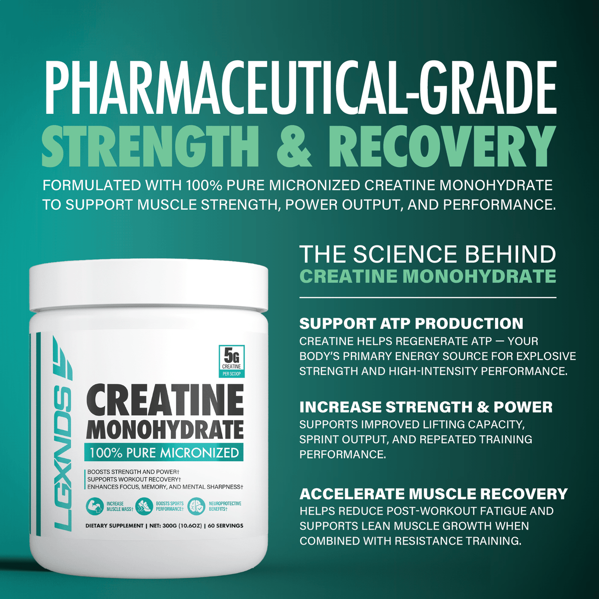 Creatine monohydrate supplement container with benefits for strength, muscle recovery, and performance on green background.