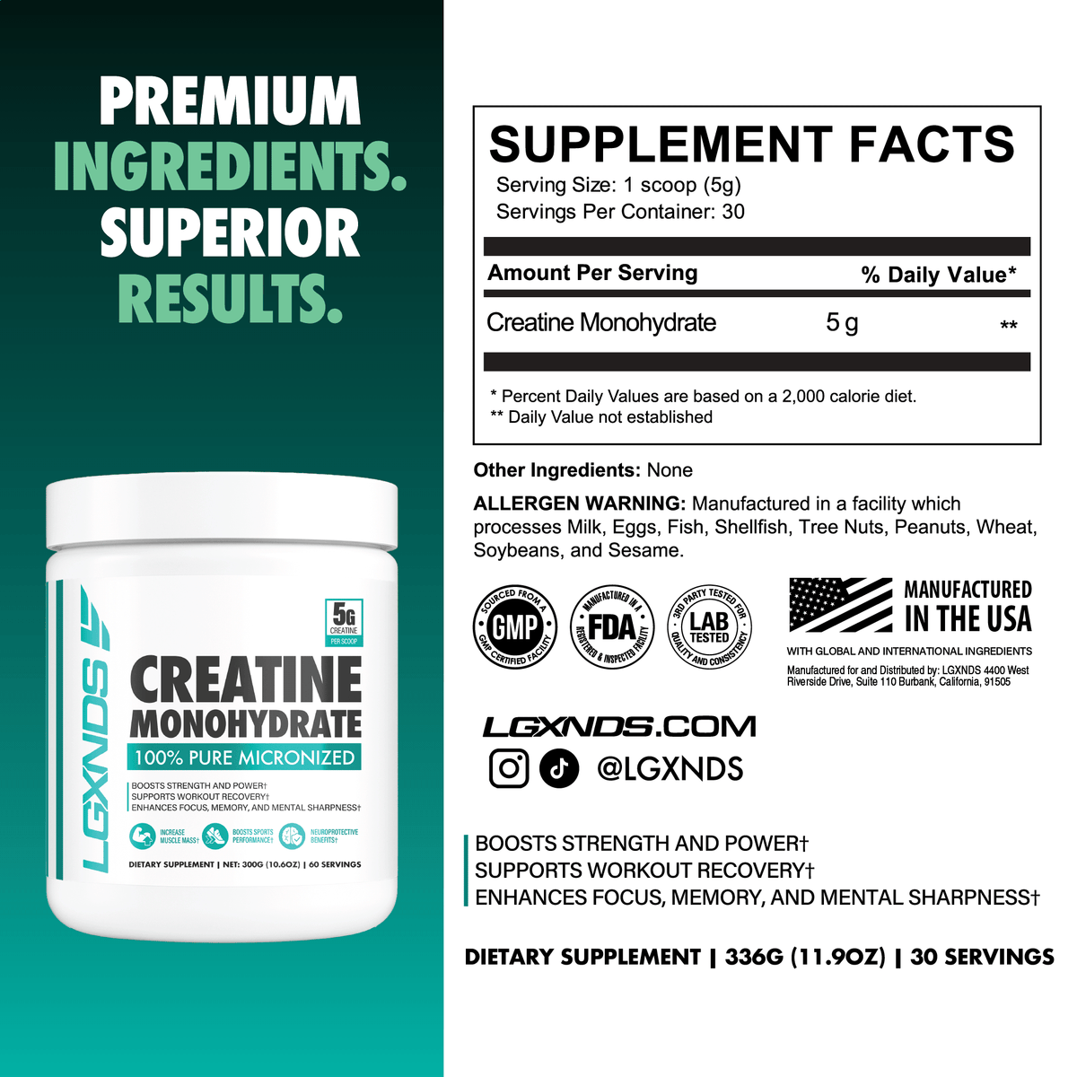 Creatine monohydrate supplement powder container with supplement facts and benefits listed.