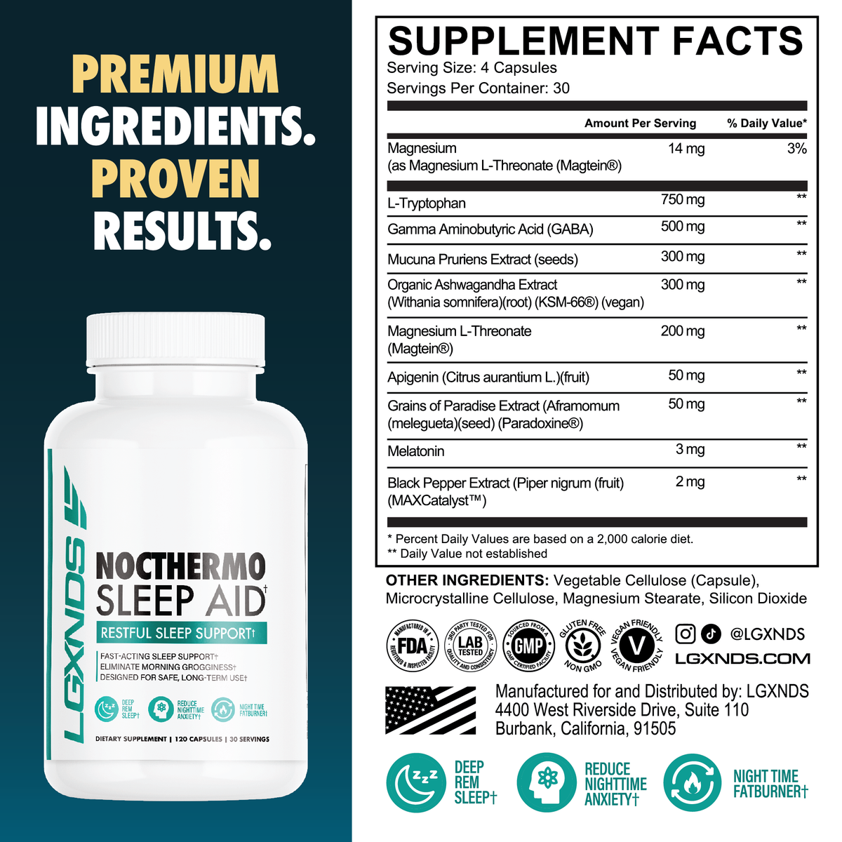 Nocthermo Sleep Aid supplement bottle with sleep support benefits and supplement facts panel.