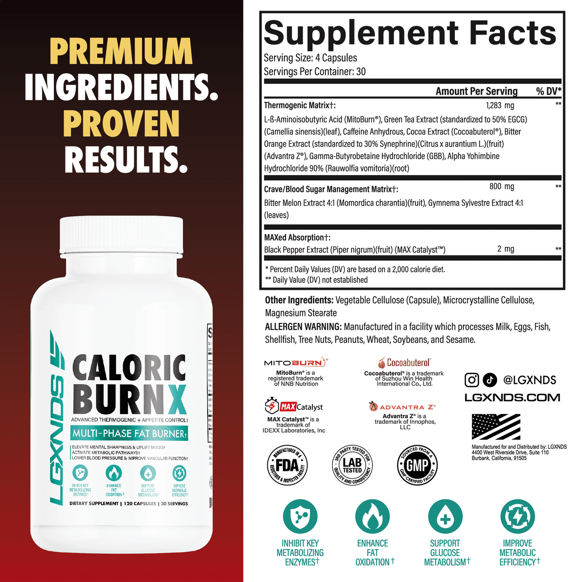 Caloric BurnX fat burner supplement bottle with ingredients and supplement facts label, promoting appetite control, metabolism support, and premium ingredients.