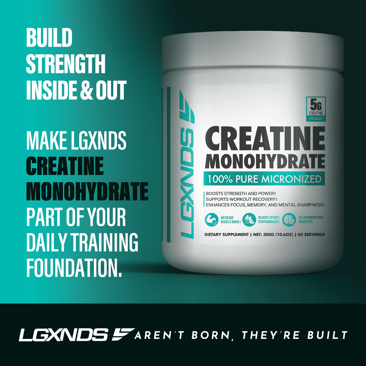 LGXNDS creatine monohydrate supplement container promoting muscle strength, endurance, and recovery.