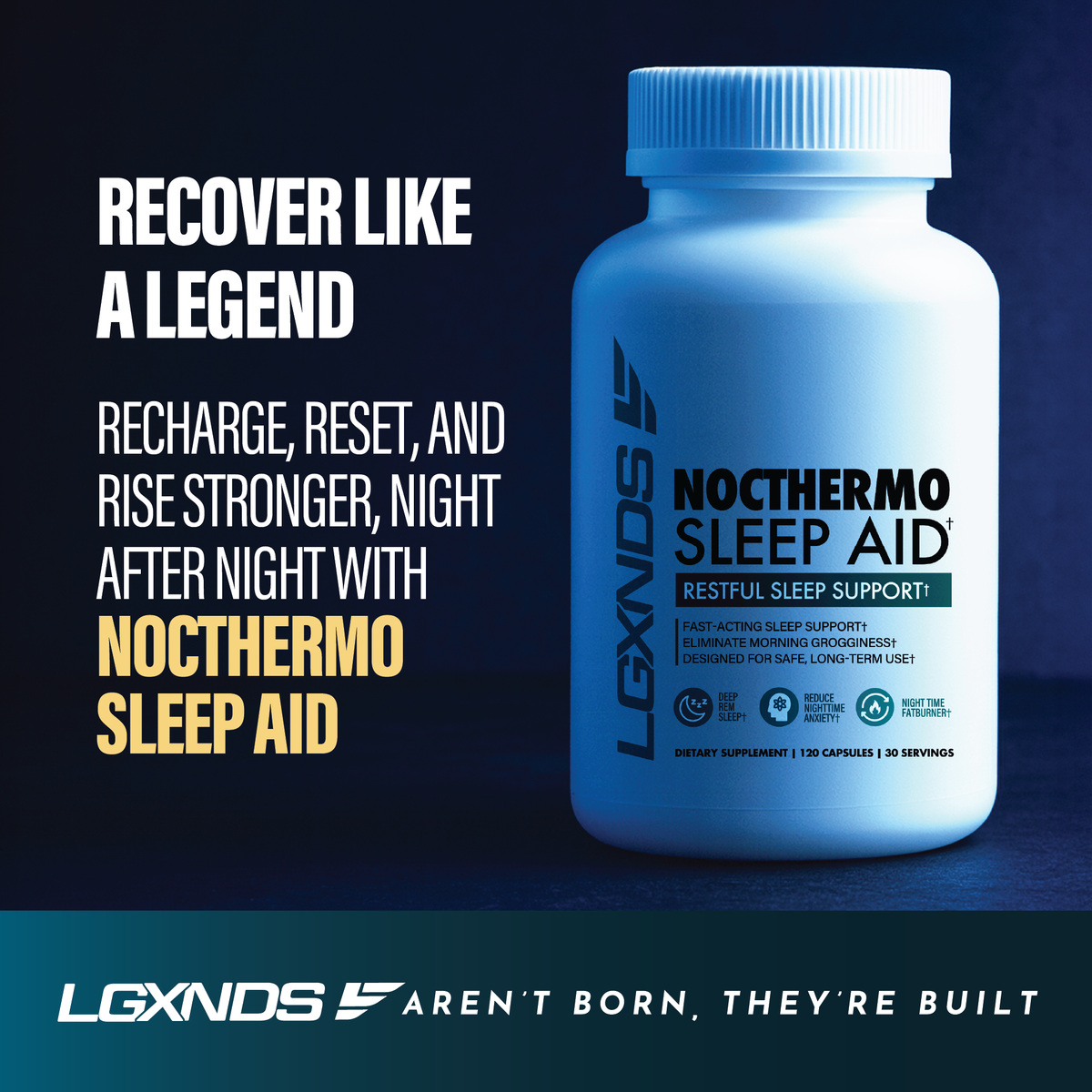 Nocthermo Sleep Aid supplement bottle for restful sleep support, recovery and muscle reset