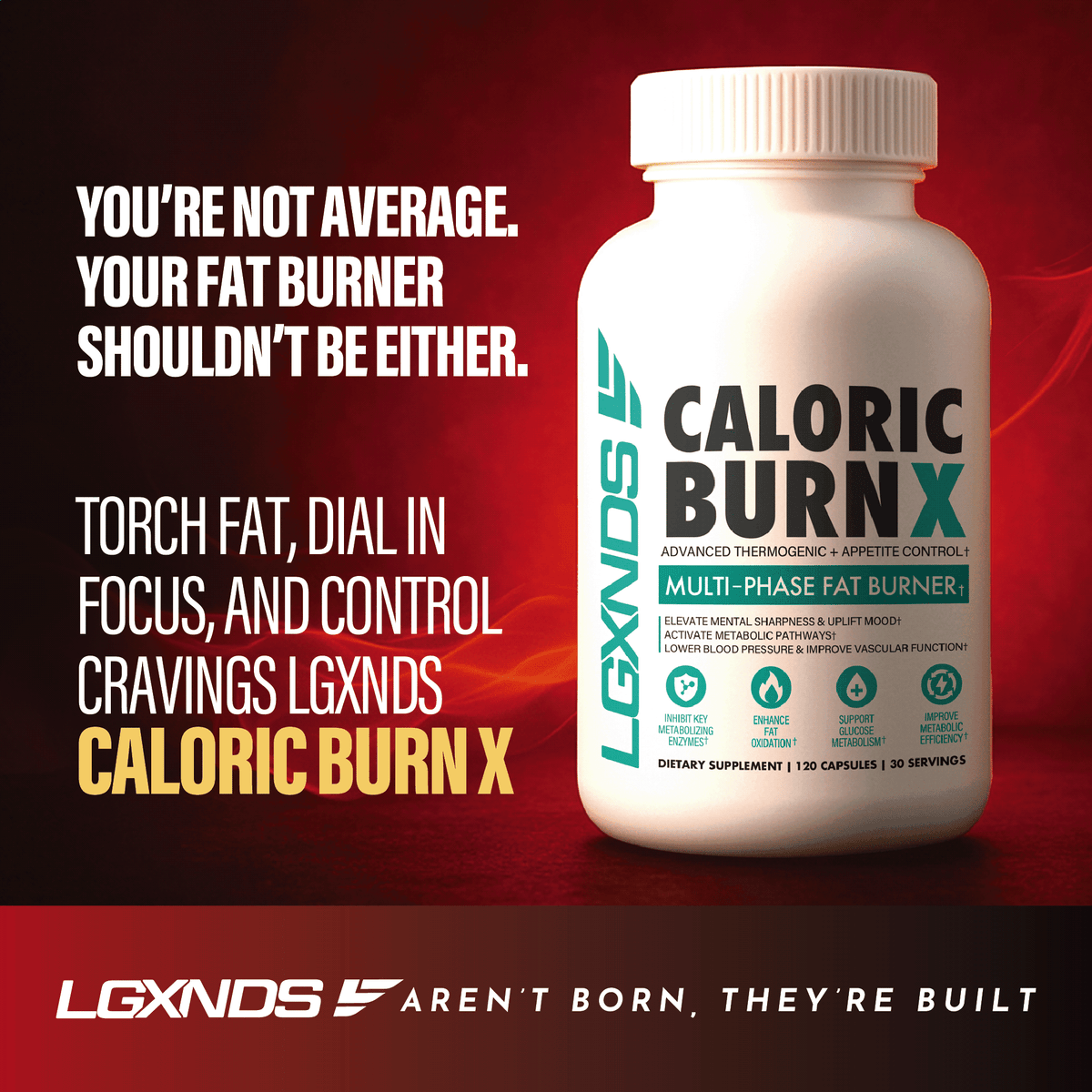 Caloric Burn X fat burner supplement bottle on red background, promoting metabolism, focus, and appetite control.