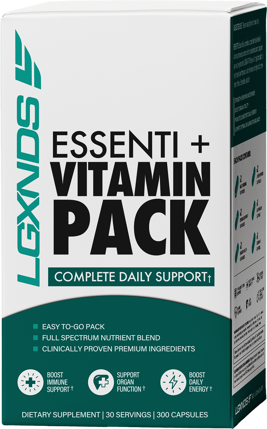 Essenti+ Vitamin Pack box, complete daily support, dietary supplement, 30 servings