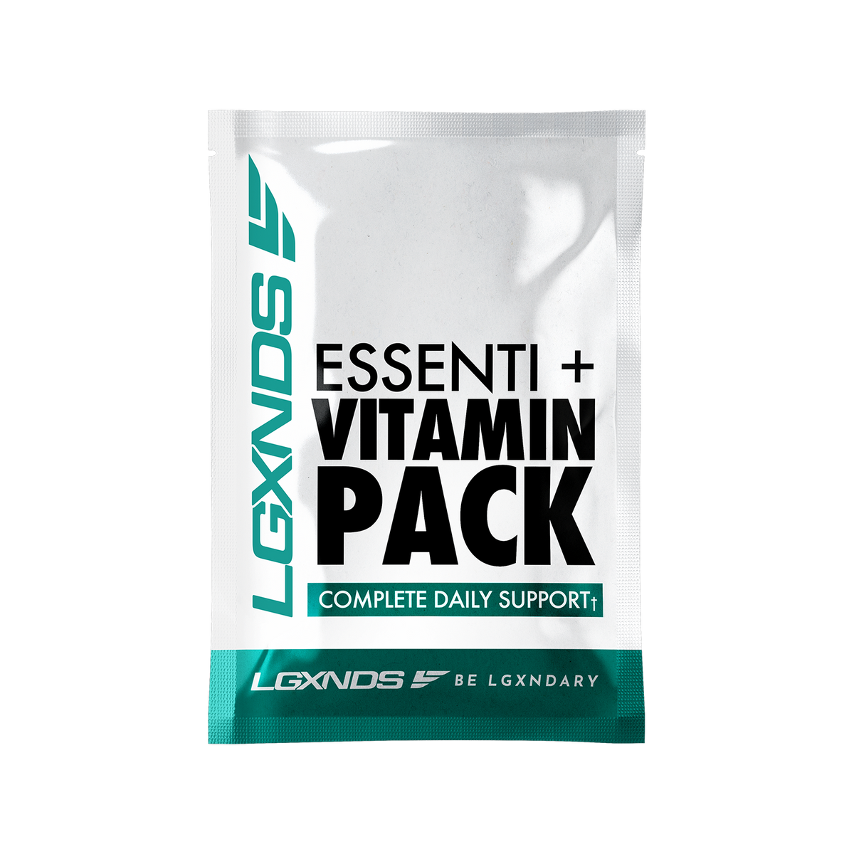 Single-serve sachet labeled Essential Plus Vitamin Pack for daily supplement support
